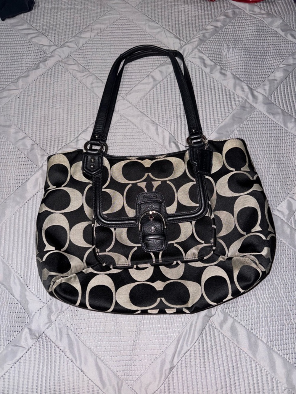 Coach Black and Cream Signature Shoulder Tote with Front Buckle Pocket